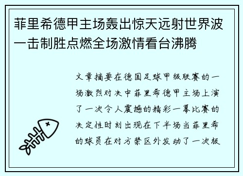 菲里希德甲主场轰出惊天远射世界波一击制胜点燃全场激情看台沸腾