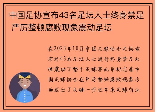 中国足协宣布43名足坛人士终身禁足 严厉整顿腐败现象震动足坛 中国足协宣布43名足坛人士终身禁足 严厉整顿腐败现象震动足坛